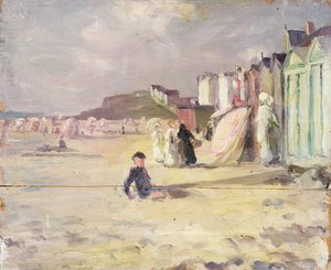 شخصيات تسير بجانب خط من أكواخ الشاطئ (لوحة) بواسطة فيليب ويلسون ستير